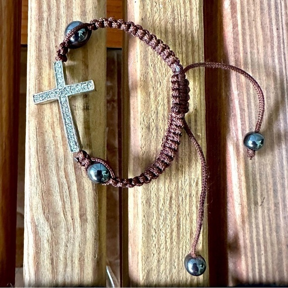 Cross Bracelet Crystals Brown String Adjustable Religious Jesus Christian - Picture 1 of 9